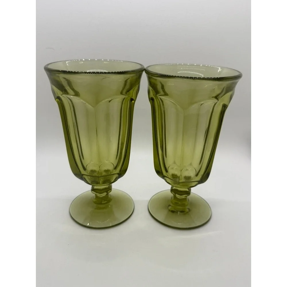 Vintage Olive Green Pressed Glass Goblets Set of 2 Water Wine Glasses MCM